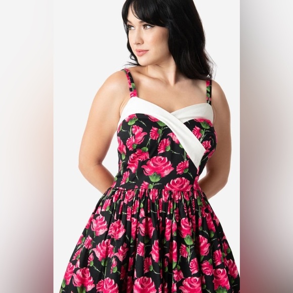 Unique Vintage Black Pink Floral Contrast-Trim Darienne A-Line Dress Size S/4 - Picture 3 of 12